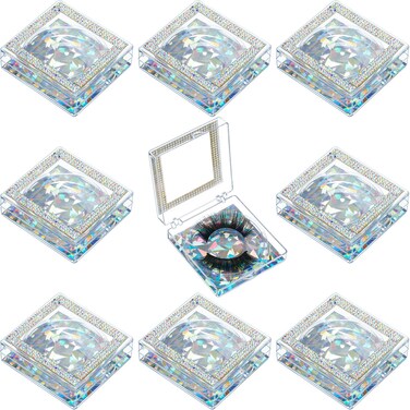 Blulu 8 Pcs 3D Empty eyelash case Glitter lash cluster box Square Eyelash Storage Boxes with Glitter Paper and Clear Tray for WomenSilver