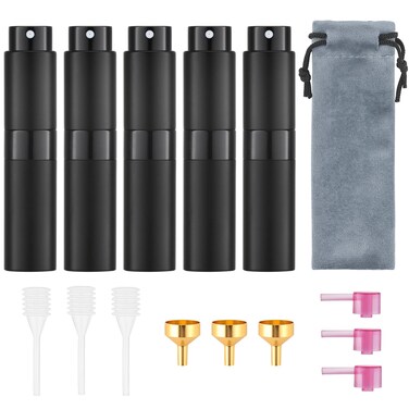 Tekson 5PCS 8ml Travel Perfume Atomizer Refillable, Mini Cologne Spray Bottle Empty, Small Aftershave Sprayer for Liquid Dispenser (Black