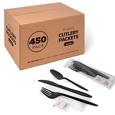 Supellectilem 450 Black Plastic Cutlery Packets Knife Fork Spoon Napkin Salt Pepper Sets Individually Wrapped Silverware Kits Disposable Bulk ToGo Utensils