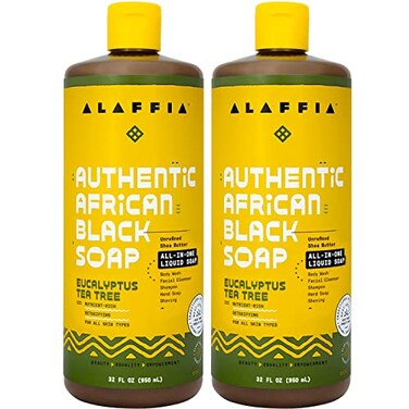 Alaffia Authentic African Black Soap, Eucalyptus Tea Tree, 2-Pack“ All-in-One Moisturizing Cleanser for Face, Hands, BodyHair, 32 Oz Ea