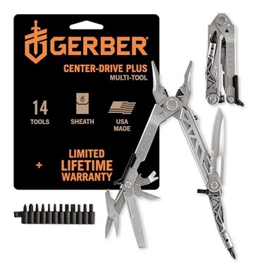 Gerber Gear CenterDrive Plus 16Piece MultiPurpose Tool with Sheath Bit Set Includes Pry Bar Knife Needlenose Pliers Nail Puller More Made in USA