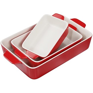 Kook Ceramic Bakeware Set Rectangular Baking Dishes For Casseroles Lasagna Cake Small Medium Large Pans Microwave Dishwasher Safe Set of 3 Cherry