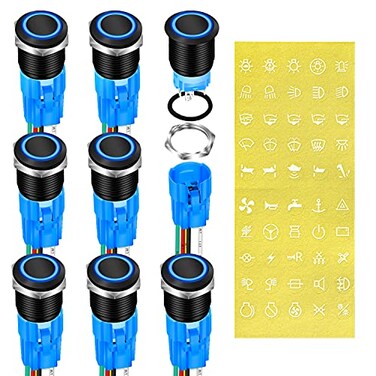DaierTek 19mm 12V Latching Push Button Switch ON Off Black Metal PreWired 12 Volt Blue Led Light Illuminated Waterproof Button for Marine RV 8 Pack