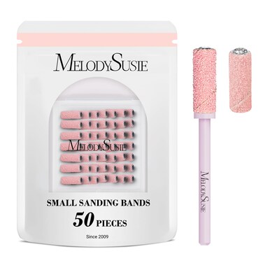 MelodySusie 50 Pcs Nail Drill Bits Small Sanding Bands with 31mm Mandrel Bit 120 Medium Grit Nail File for Acrylic Nails Gel Manicures and Pedicure Pink