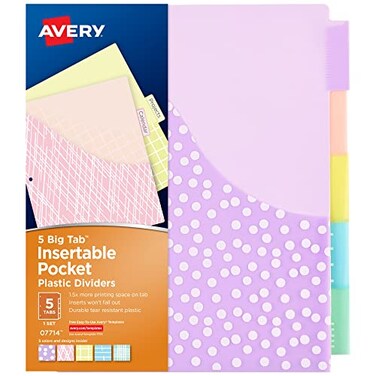 Avery Dividers for 3 Ring Binders 5 Tab Plastic Binder Dividers Pockets Insertable Big Tabs Pastel Classic Designs Expands Beyond Sheet Protectors 1 Set 07714