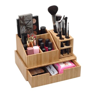 MobileVision Bamboo Makeup Organizer Complete Combo Which INCLUDES: 5 Section Brush Holder, 4 Compartment Cosmetic CaddyDrawer for added extra storage space