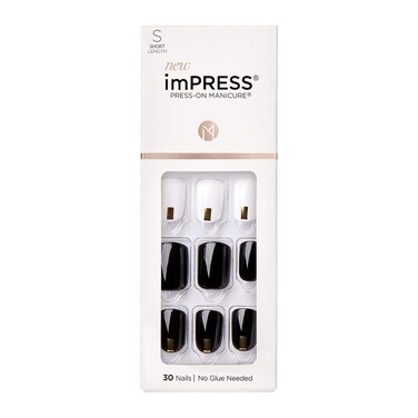 imPRESS Design Press On Nails Midnight Drive Black and White Short Size Squoval Shape Includes 30 Nails Prep Pad Instructions Sheet 1 Manicure Stick 1 Mini File