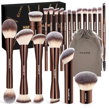 MAANGE 20 PCS Foundation Makeup Brush Set, Double-ended Kabuki Contour Brush for Liquid Powder Concealer Blending Blush Face Makeup Tools with Gift Box (Coffee