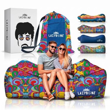 Chillbo LazyBone Inflatable Couch QuickInflation Flapper System Fun Prints NoPump Setup Ripstop Polyester Portable Air Lounger for Beach Camping Festivals Hiking
