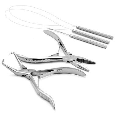 G4 VISION Professional Hair Extension Beading Tool Kit Remove Plier Set for beads 4 Piece ILink Micro Ring Loop Needle Pulling Hook Threader Wire for Silicone Rings Silver