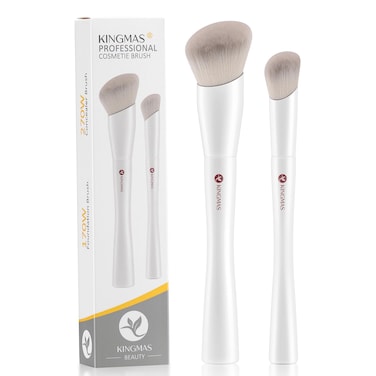KINGMAS 2Pcs Angled Foundation Brush Concealer Brush Premium Kabuki Makeup Brush for Liquid Blending Cream Powder Blush Buffing Stippling Face Makeup Tools White