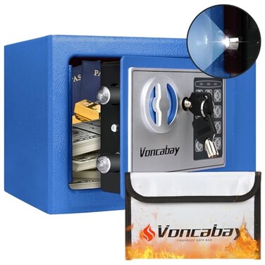 Voncabay Money Safe Box for Home with Sensor Light Fireproof Security Safe Box for Money Safe with Keys Pass Code Lock Box Fireproof Safe with Digital Keypad Blue