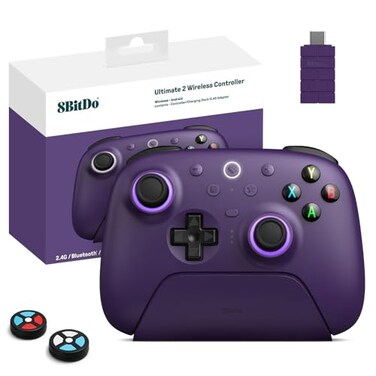 8Bitdo Ultimate 2 Wireless 24G Controller TMR Joystick Update StarRing RGB Lights Adjustable Trigger Locks Gamepad with Charging Dock for Windows PC Android Purple