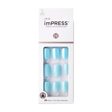 imPRESS Kiss Impress No Glue Mani Press On Nails Design Rain Check Blue Short Size Squoval Shape Includes 30 Nails Prep Pad Instructions Sheet 1 Manicure Stick 1 Mini File