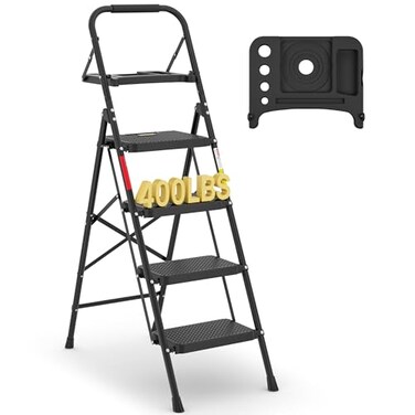 BONTEC 4Step Ladder 400lbs Max Load Folding Step Stool with Tool Tray AntiSlip Pedals Sturdy Steel Lightweight Portable Ladder with Handrail for Home Work Use Black
