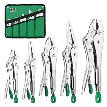 SK 5Piece Locking Pliers Set Long Nose Curved Jaw Locking Pliers Premium CRV Construction Ergonomic Antislip Handle Ideal for Welding or Assembly with Rolling Pouch