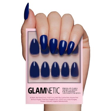 Glamnetic Press On Nails Midnight Blue Opaque Dark Navy Blue Short Almond False Nails Reusable Stick On Fake Nails with Glue Salon Quality 15 Sizes 30 Nail Kit
