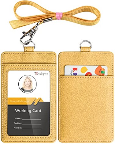 Teskyer Badge Holder with Lanyard Leather ID Name Badge Card Holder with Lanyard for ID Badges Vertical Lychee Pattern Yellow