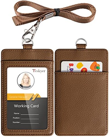Teskyer Badge Holder with Lanyard Leather ID Name Badge Card Holder with Lanyard for ID Badges Vertical Lychee Pattern Coffee