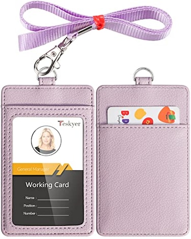Teskyer Badge Holder with Lanyard Leather ID Name Badge Card Holder with Lanyard for ID Badges Vertical Lychee Pattern Lilac