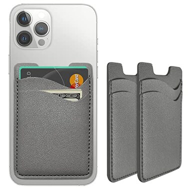 Puxnoin Leather Phone Card Holder Stick On Wallet Compatible with iPhone Samsung 2Pack Grey