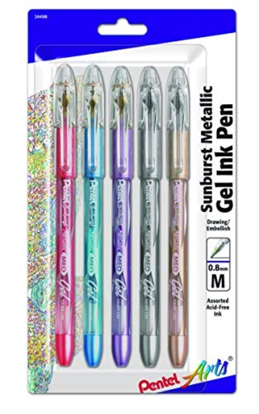 Pentel Arts Sunburst Metallic Gel Pen Medium Line Permanent 5 Pack Assorted Ink K908MBP5