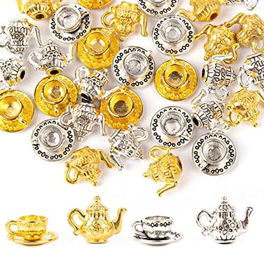 Framendino 40 Pack Silver Gold Teapot Tea Cup Charms Coffee Mug Pendants for DIY Jewelry Making