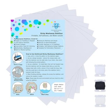 Simthread Sticky Wash Away Embroidery Stabilizer SelfAdhesive Printable A4 Size Paper Stabilizer Medium Weight 14OZ 85 x 11 7pcs Pack