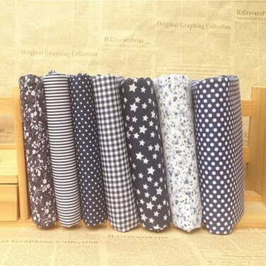Qintreesify 7Pcs 10 x 10 Top Cotton Craft Fabric Bundle Squares Patchwork DIY Sewing Scrapbooking Quilting Floral Dot Pattern Fabric 25cm x 25cm Sapphire Blue