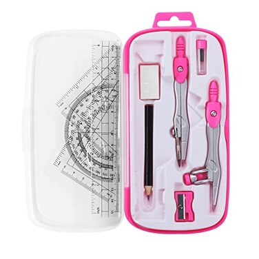 Unjoo Math Geometry Kit Sets 10 Piece Student Supplies with Shatterproof Storage BoxIncludes RulersProtractorCompassEraserPencil SharpenerLead RefillsPencilfor Drafting and DrawingsPink