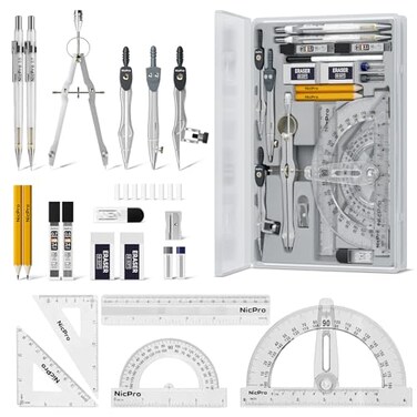 Nicpro 22 PCS Compass Geometry Tools with Case Drafting Tools Geometry Set with Swing Arm Protractor Rulers Metal Compass Square Set Mechanical Pencil Back to School Supplies for Students