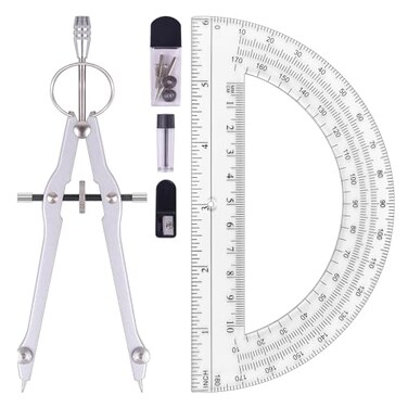Unjoo Compass and Protractor Set Professional Drawing Compass Tool Metal Compass with Extra Refills Compass for Geometry and 6 Inch Math Protractors 180 Degree Silver