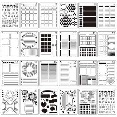 Zonon 24 Pieces Journal Stencil Set Plastic Planner Journaling Stencils Ultimate Productivity DIY Templates to Create Calendars Schedule for A5 Journal Scrapbooking NotebookRetro Style