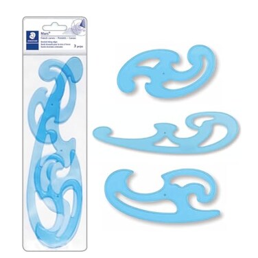 STAEDTLER Mars Professional French Curve Design Ruler Set for Pattern Making 3 Essential A B C Shapes Blue Transparent Plastic with Inking Edge