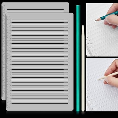 Fainne 2Pack Plastic Straight Line Stencil Template for Journaling Spacing Line Lettering Guide 11 Inch Scale Writing Ruler Envelope Addressing Template with Bamboo Stick and 2B Pencil for Paper 8mm