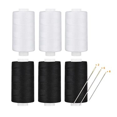 Simthread All Purpose Thread Polyester 3 White 3 Black 400 Yards Each with 16 Needles for Hand Sewing and Thread for Quilting Piecing Sewing Machines