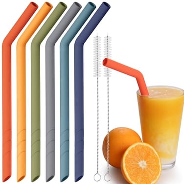 NiHome 6PCS Extra Wide Reusable Bent Silicone Straws for Boba Smoothies Bubble Tea EcoFriendly Bent Straws for Thick Drinks Dishwasher Safe Customizable Length 2 Brushes Deep Rainbow