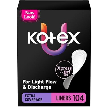 Kotex Absorbent Flat Liners Light Absorbency Extra Coverage 104 Count Packaging May Vary