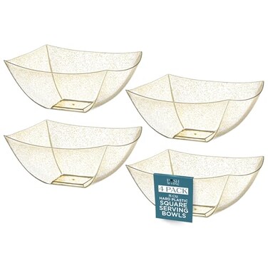 Posh Setting Gold Glitter Plastic Serving Bowls 8oz 4 Pack Square Disposable Containers for Party Table Chips Candy Buffet and Salad