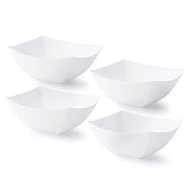 Posh Setting White Plastic Serving Bowls for Party 8oz 4 Pack Square Disposable Salad Fruit Bowls for Party Table Candy Containers for Candy Buffet