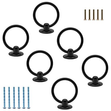 Luomorgo 6 Pcs Matte Black Ring Pull Handle Knobs Modern Dresser Drawer Pulls for Kitchen Cabinet Cupboard Chest Metal Drawer Drop Ring Pulls