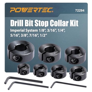 POWERTEC Drill Bit Stop Collar Set 7 Piece Set Adjustable Drill Bit Depth Stopper with Allen Wrench Bits Stop with Imperial System Size Markings 18 316 14 516 38 716 12 72294
