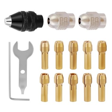 MadYiboshi 15PCS Drill Chuck Collet Set 002in 013in Keyless Quick Replacement Kit compatible with Dremel Accessories Includes 4486 Rotary Tool and 4485 Brass Collet Metal Nut DIY