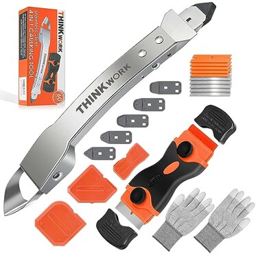 THINKWORK Caulking Tool Kit 4 in 1 Caulk Remover Tool Stainless Steel Caulk Tool for Kitchen Bathroom Window Sink Tile Joint Silver