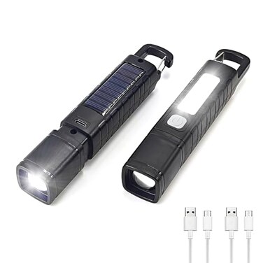 Hilngav 2 Pack Solar Flashlight Rechargeable Zoomable LED Flashlight High Lumens Solar Powered Flashlights with Tail Hook Rechargeable Handheld Flashlights for Home Emergency Camping Hiking