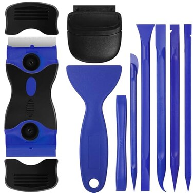 Tallew 9 Pcs Plastic Scraper Tool Sticker Plastic Razor Blade Scraper Plastic Pick Plastic Non Scratch Tool Putty Knife for Window Floor Label Removal Paint CleaningDark Blue