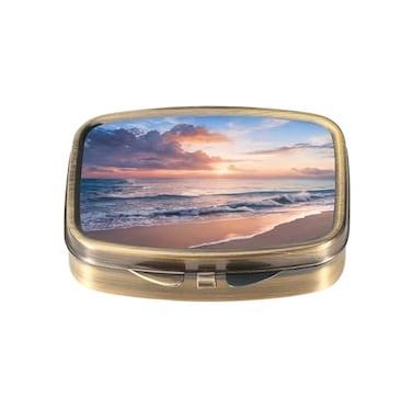 Dynippy Pill Case Pill Box with Mirror Retro Pocket 2 Compartment Medicine Case Vitamin Pill Organizer for Pocket Purse and Travel Retro Beach Sunset