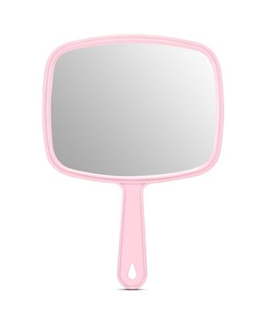 PROTECLE Large Hand Mirror Salon Barber Hairdressing Handheld Mirror with Handle Square Pink 103x74