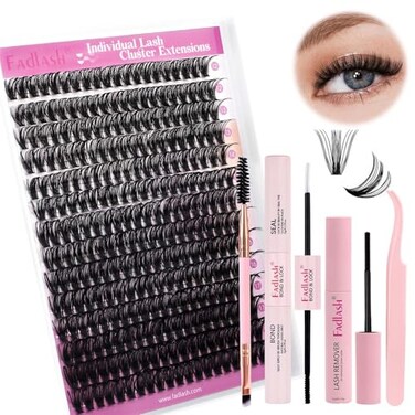 FADLASH DIY Lash Extension Kit Individual Lashes Cluster D Curl Eyelash Extension Kit D Curl Lash Clusters Lash Applicator Tool for Self Application at HomeKIT 50DD1218mm