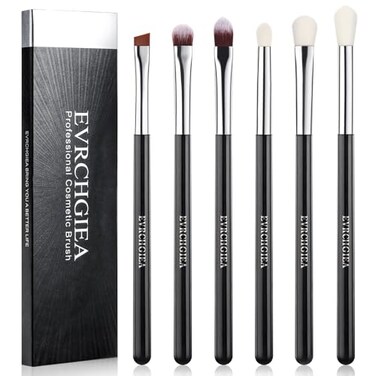 EVRCHGIEA Eye Makeup Brush Set 6 Pcs Professional Blending Eyeshadow Makeup Brushes for Concealer Eyebrows Eyeliner Soft Hairs Wood Handle Black and Silver